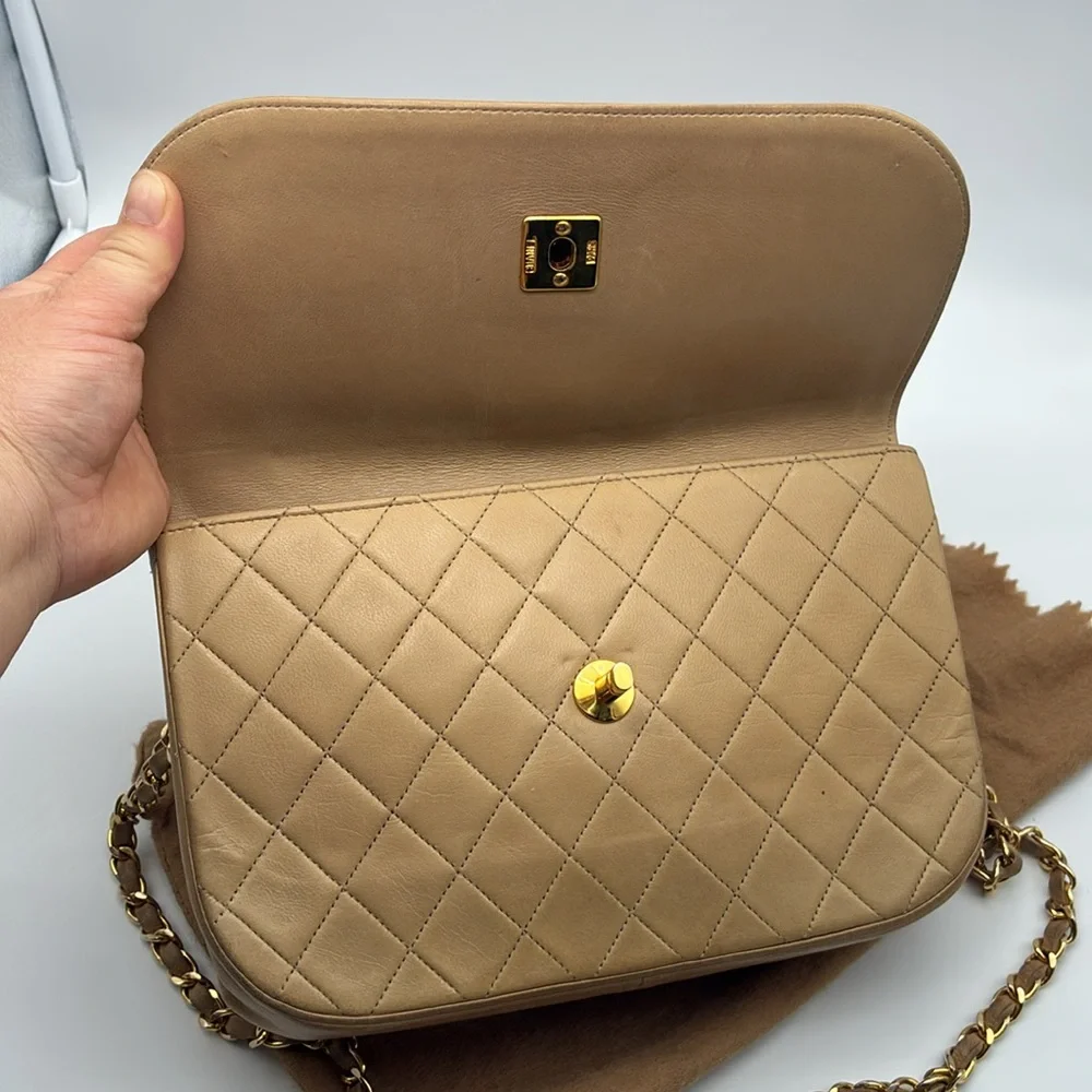CHANEL HALF MOON BIEGE DOUBLE FLAP QUILTED CC GOLD HW LAMBSKIN SHOULDER BAG